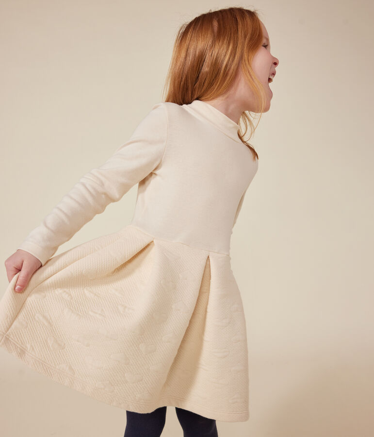 Vestido de manga larga de dos materiales para ni&ntilde;a crudo