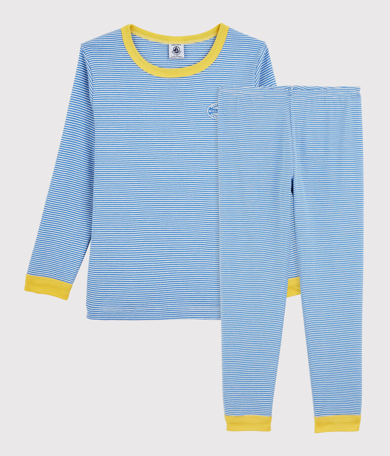 Pijama milrayas de algod&oacute;n org&aacute;nico infantil unisex azul/blanco