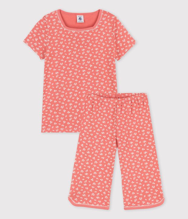Pijama de manga corta de ni&ntilde;a de algod&oacute;n org&aacute;nico rosa/blanco