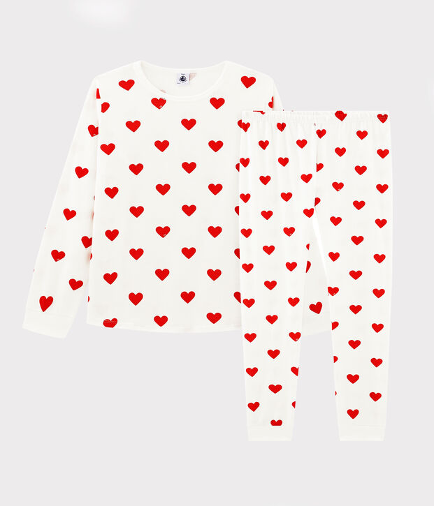 Pijama infantil de algod&oacute;n con estampado de corazones blanco/rojo