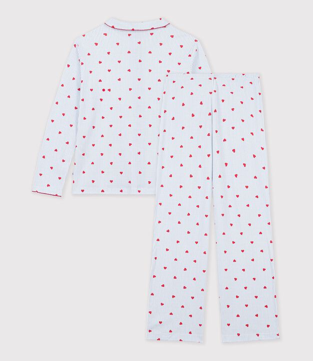 Pijama abotonado de algod&oacute;n con estampado de rayas y corazones para mujer blanco/multicolor