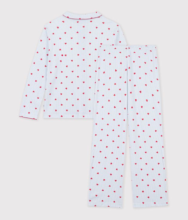 Pijama abotonado de algod&oacute;n con estampado de rayas y corazones para mujer blanco/multicolor