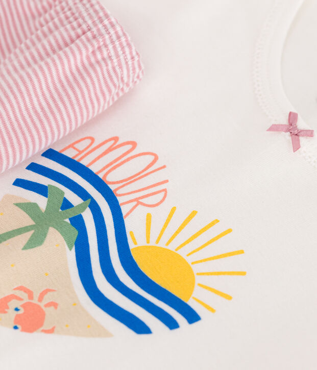 Pijama corto infantil de algod&oacute;n blanco/rosa