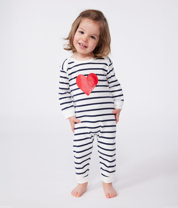Pijama de algod&oacute;n con coraz&oacute;n y abertura sin botones de presi&oacute;n para beb&eacute; blanco/azul