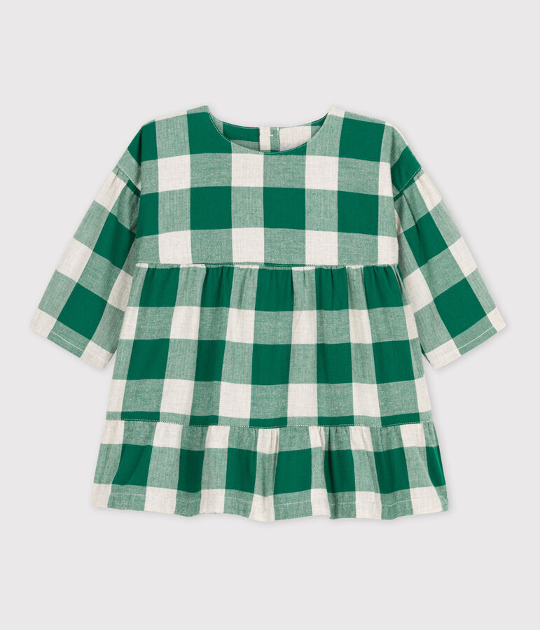 Vestido de franela de manga larga a cuadros para beb&eacute; MATCHA/crudo