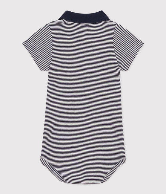 Bodi de algodón de manga corta con cuello de polo a rayas para bebé azul SMOKING/blanco MARSHMALLOW