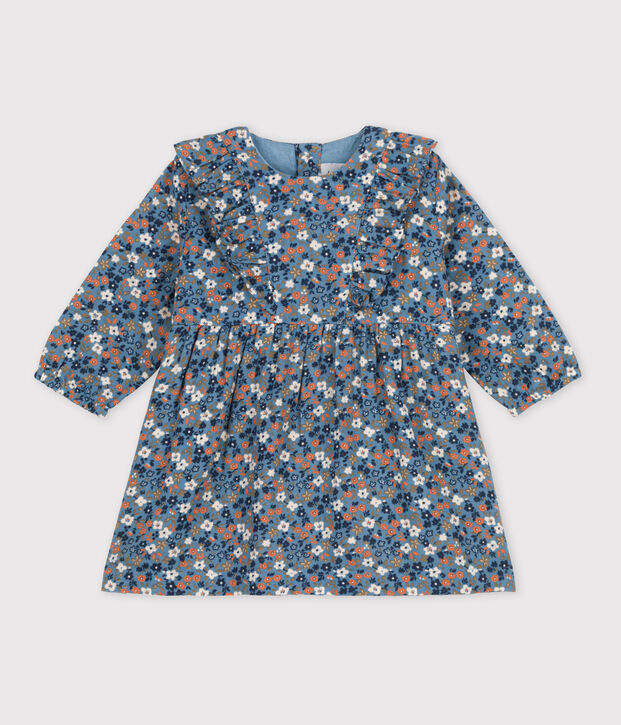 Vestido estampado de manga larga de gasa de algod&oacute;n para beb&eacute; azul/multicolor