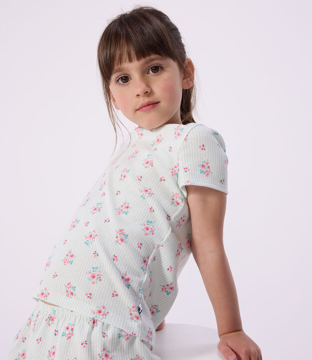 Pijama infantil corto de algod&oacute;n con estampado de flores blanco/multicolor