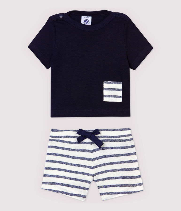 Conjunto de camiseta/pantal&oacute;n corto de algod&oacute;n de lino de beb&eacute; ni&ntilde;o azul/blanco