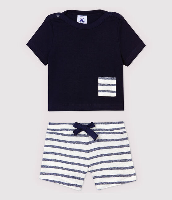 Conjunto de camiseta/pantalón corto de algodón de lino de bebé niño azul SMOKING/blanco MARSHMALLOW