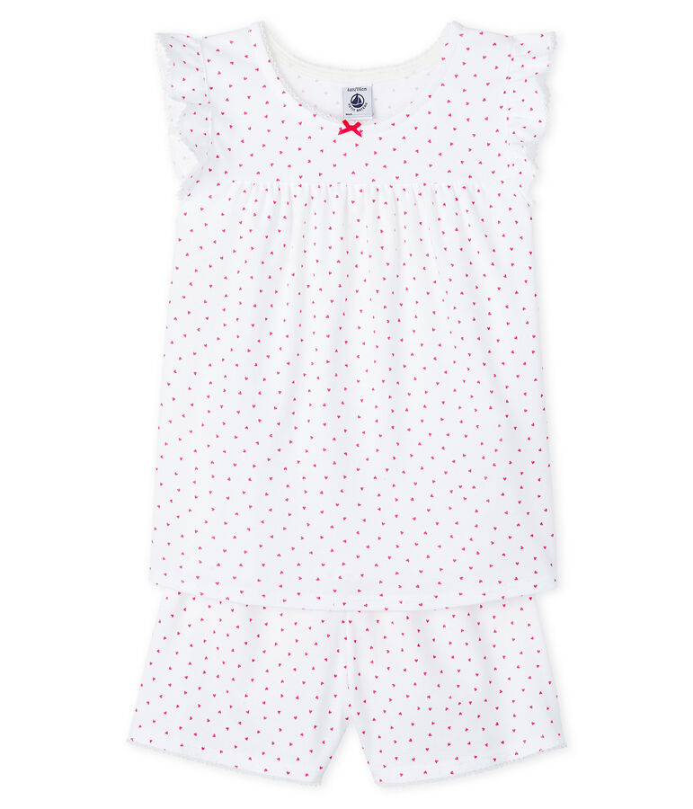 Pijama corto coraz&oacute;n rosa para ni&ntilde;a de canal&eacute; blanco/rosa