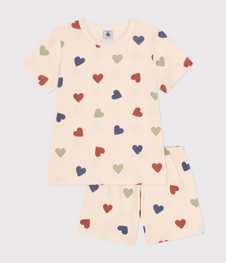 Pijama corto infantil de algod&oacute;n con estampado de coraz&oacute;n crudo/multicolor