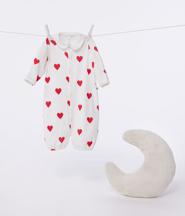 Mono saco de algod&oacute;n con cuello y corazones rojos para beb&eacute; blanco/rojo