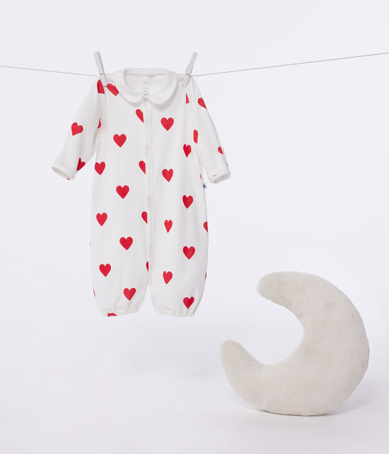 Mono saco de algod&oacute;n con cuello y corazones rojos para beb&eacute; blanco/rojo