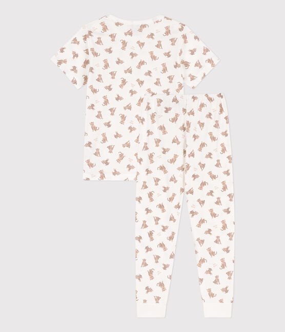 Pijama de manga corta con leopardos de algodón de niño/niña blanco MARSHMALLOW/blanco MULTICO