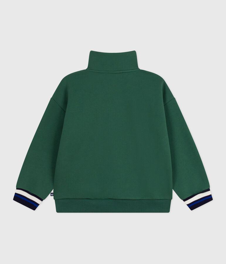 Sudadera infantil de algod&oacute;n liso con cremallera en el cuello verde