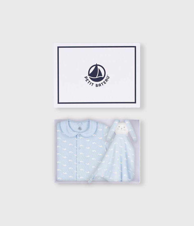 Conjunto de regalo para beb&eacute; con pelele y doudou con estampado de ballenas azul/blanco