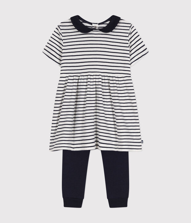 Conjunto de vestido y mallas de algod&oacute;n para beb&eacute; blanco/azul