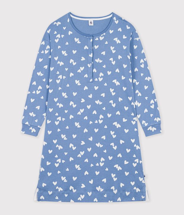 Camis&oacute;n de algod&oacute;n con cuello mao y estampado de corazones para mujer azul/blanco