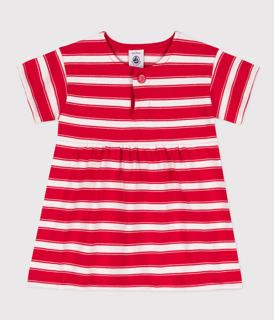 Vestido de manga corta de punto grueso a rayas para bebé rojo PEPS/blanco MARSHMALLOW