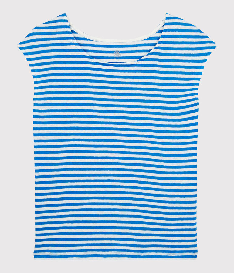 Camiseta de lino de rayas de mujer azul/blanco