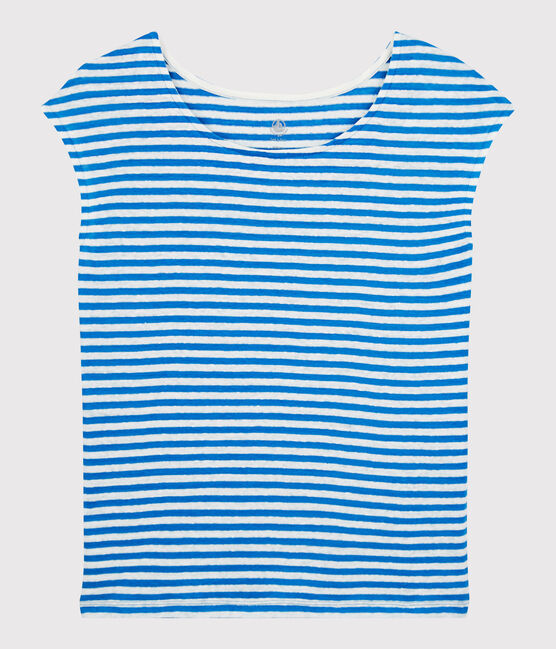 Camiseta de lino de rayas de mujer azul MYKONOS/blanco MARSHMALLOW