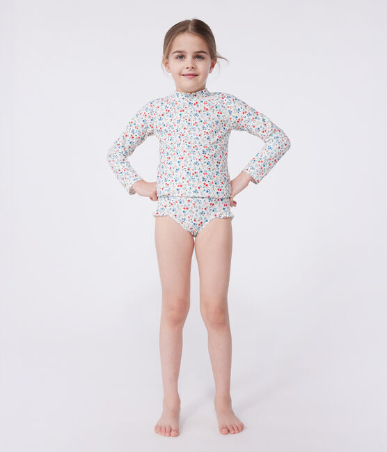 Camiseta infantil de baño anti-UV de manga larga con flores blanco MARSHMALLOW/blanco MULTICO