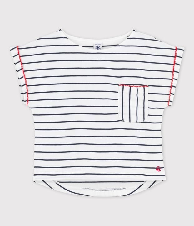 Camiseta de manga corta de algod&oacute;n de ni&ntilde;a blanco/azul