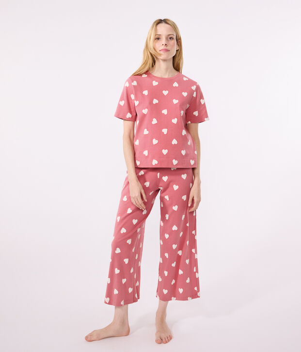 Pijama de algod&oacute;n con estampado de coraz&oacute;n para mujer rosa/blanco