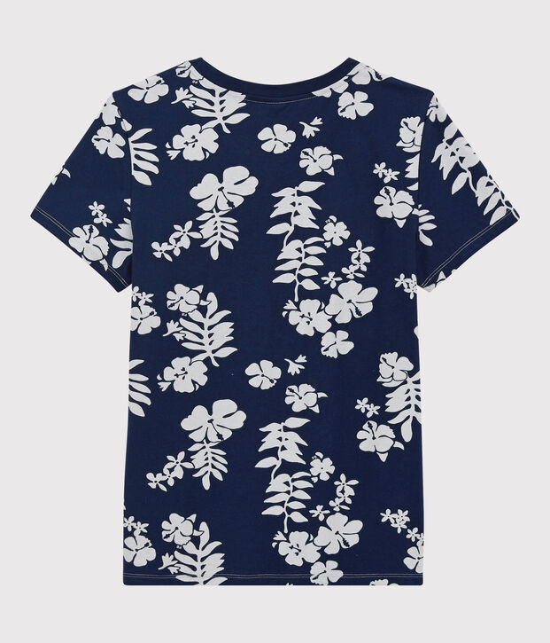 Camiseta RECTA con cuello redondo de algod&oacute;n org&aacute;nico de mujer azul/blanco