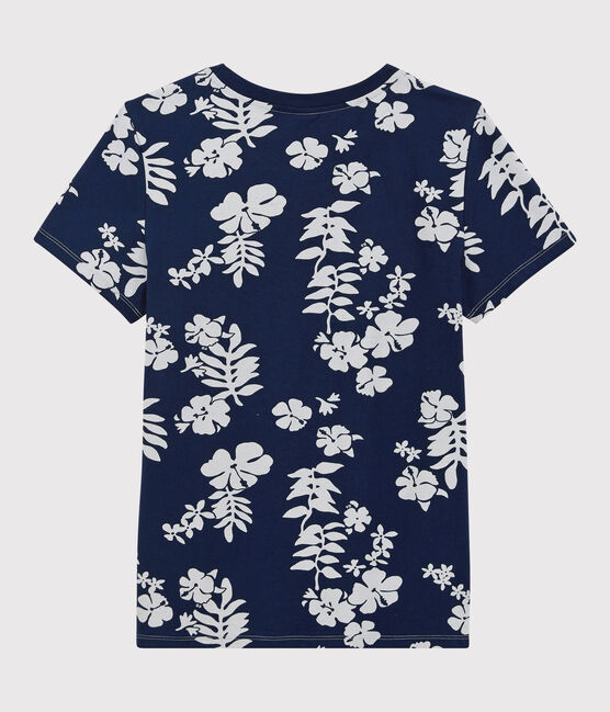 Camiseta RECTA con cuello redondo de algodón orgánico de mujer azul MEDIEVAL/blanco MARSHMALLOW
