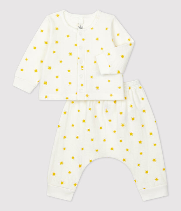 Conjunto de 2 piezas con estampado de sol de tejido t&uacute;bico ecol&oacute;gico de beb&eacute; blanco/amarillo