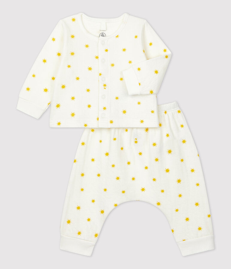 Conjunto de 2 piezas con estampado de sol de tejido t&uacute;bico ecol&oacute;gico de beb&eacute; blanco/amarillo