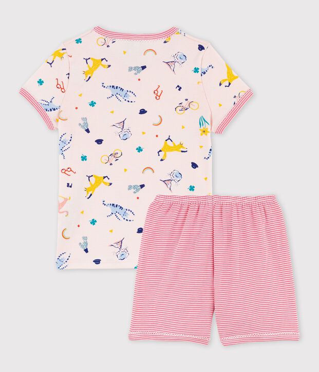 Pijama corto de algod&oacute;n con estampado de animales de yoga de ni&ntilde;a rosa/multicolor