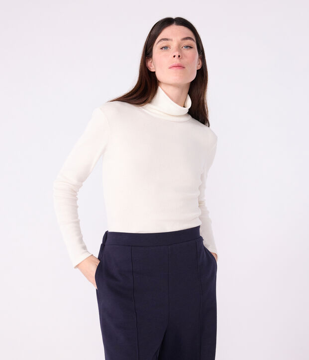 Camiseta de cuello alto Ic&oacute;nica de lana y algod&oacute;n para mujer MILK