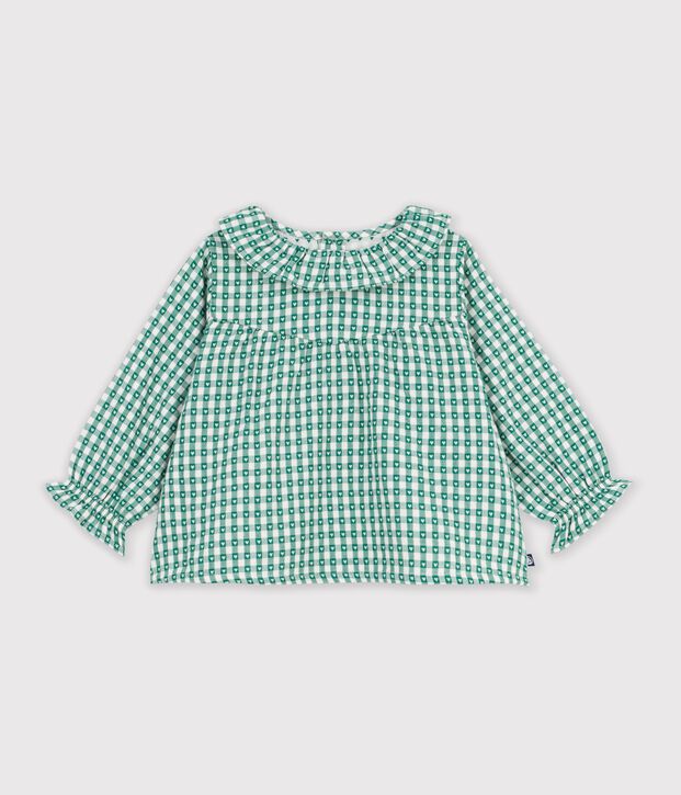 Blusa de algod&oacute;n de manga larga con estampado vichy con corazones para beb&eacute; verde/blanco