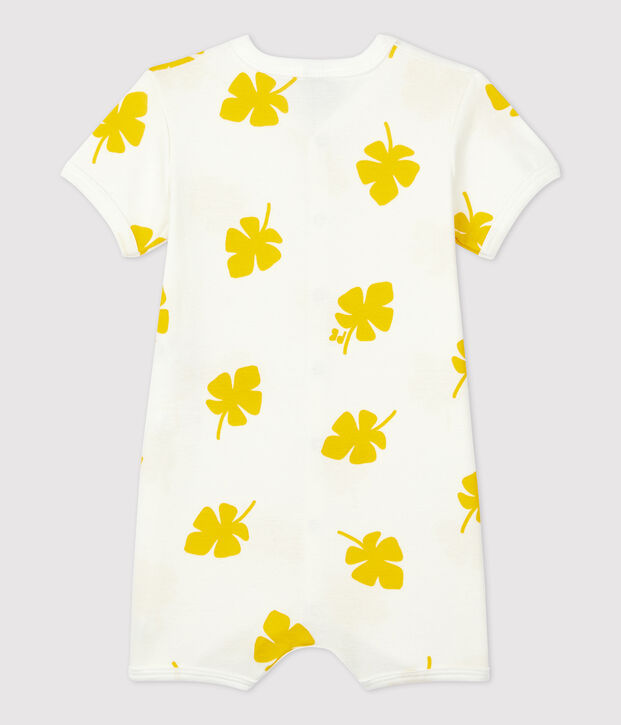 Pelele corto con estampado vegetal de algod&oacute;n de beb&eacute; blanco/amarillo