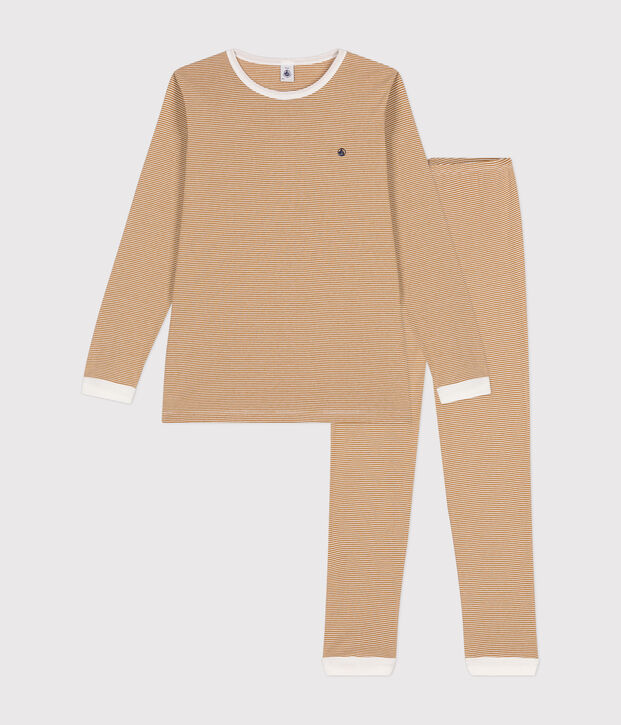 Pijama de algod&oacute;n a rayas j&uacute;nior marron/blanco