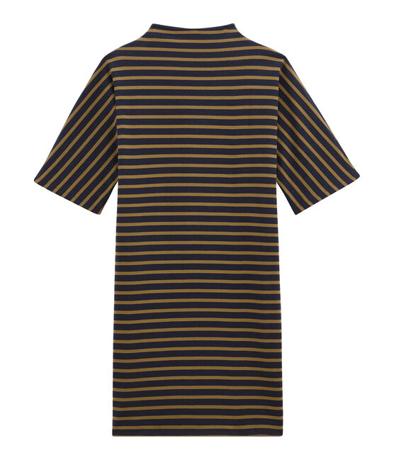 Vestido para mujer a rayas de manga corta en jersey grueso azul SMOKING/marron BRINDILLE