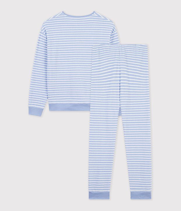 Pijama de rizo de algod&oacute;n a rayas para mujer azul/crudo
