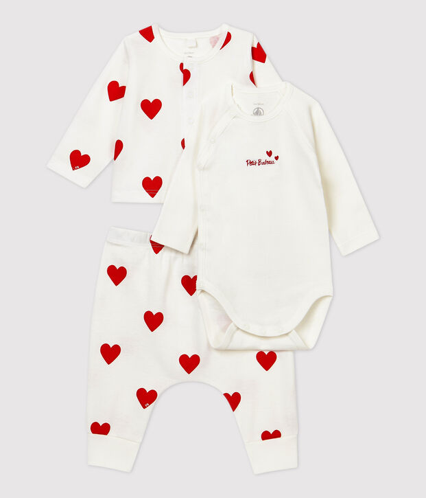 Conjunto de 3 prendas con corazones rojos de beb&eacute; de algod&oacute;n org&aacute;nico blanco/rojo