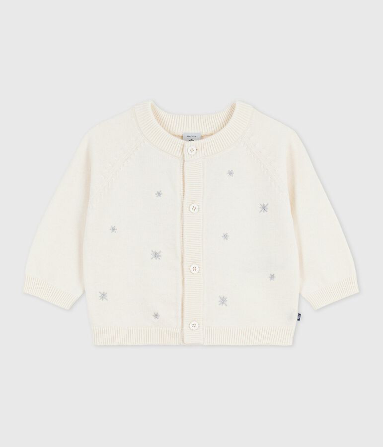 C&aacute;rdigan de punto tricotado de lana y algod&oacute;n con bordado de estrellas para beb&eacute; blanco/gris