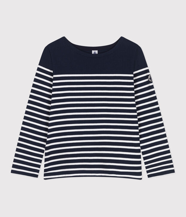 Marinera de algod&oacute;n de manga larga para mujer azul/blanco