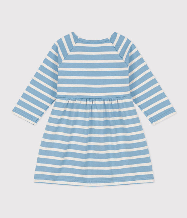 Vestido de manga larga de punto jersey grueso a rayas para beb&eacute; azul/beige