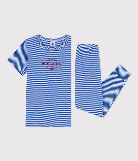 Pijama de manga corta de algodón a rayas para niña/niño azul PERSE/blanco MARSHMALLOW