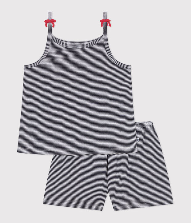 Pijama corto infantil de algod&oacute;n de tirantes a rayas azul/blanco
