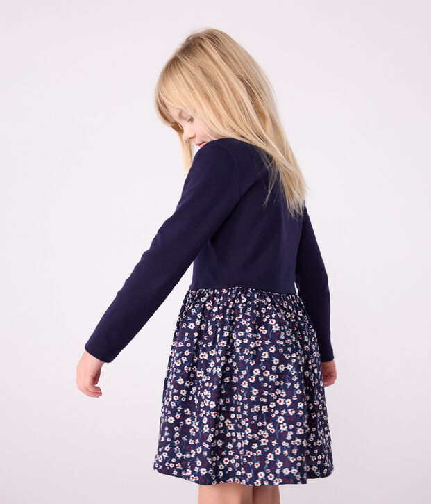 Vestido infantil de manga larga de algod&oacute;n azul/multicolor