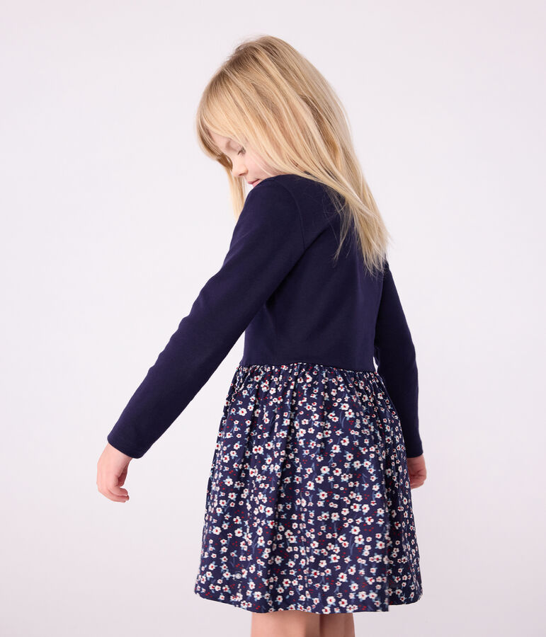 Vestido infantil de manga larga de algod&oacute;n azul/multicolor