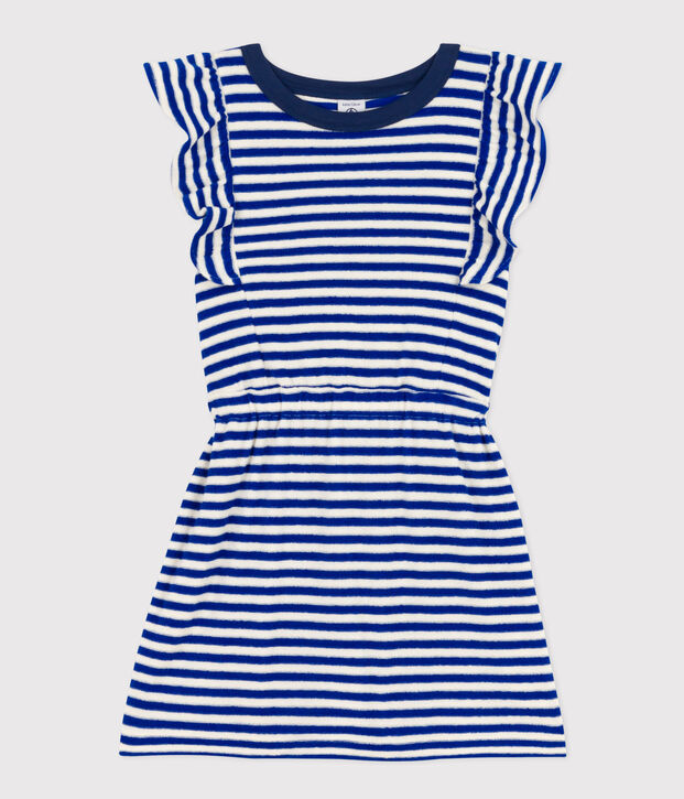 Vestido de rizo sin mangas a rayas para ni&ntilde;a azul/crudo