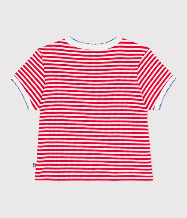 Camiseta infantil de manga corta de algod&oacute;n a rayas rojo/blanco